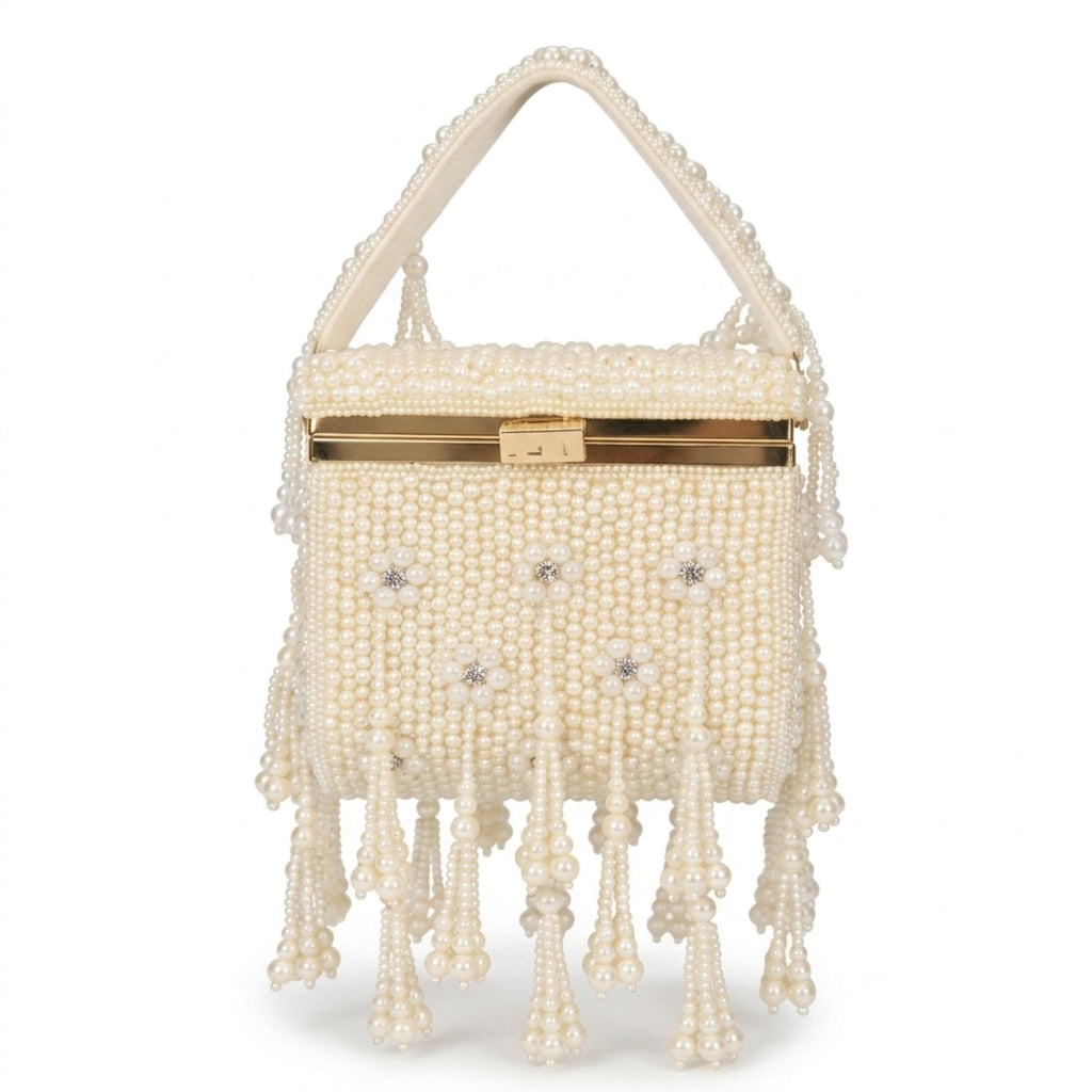 Ivory Pearl Tassel Handcrafted Box Clutch Bag