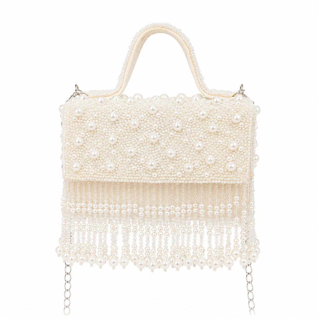 Luxury Pearl Fringe Hand Embroidered Box Clutch Bag