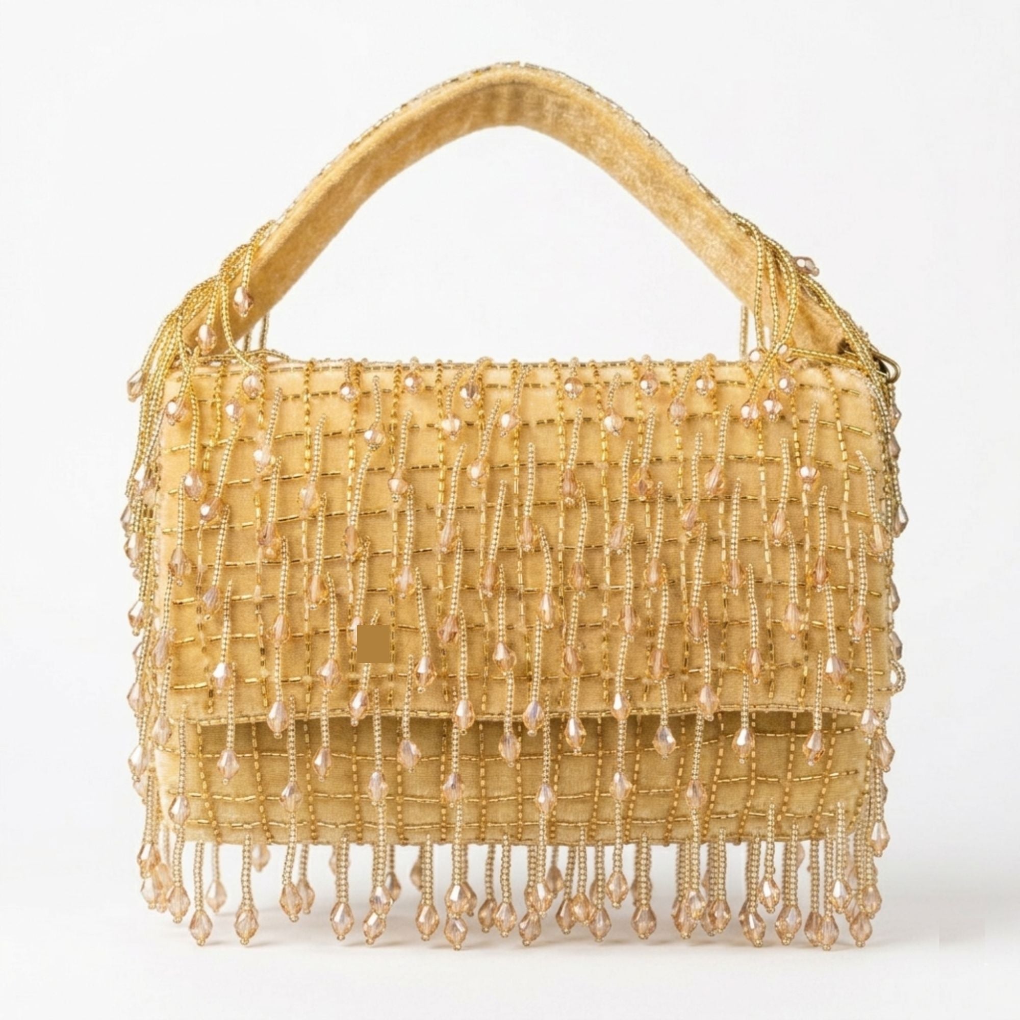 Women’s Golden Velvet Handbag with Beaded Tassel Fringe