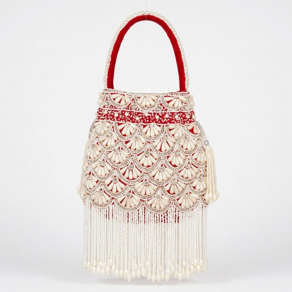 Royal Red Pearl Hand Embroidered Potli Bag with Fringe Tassels