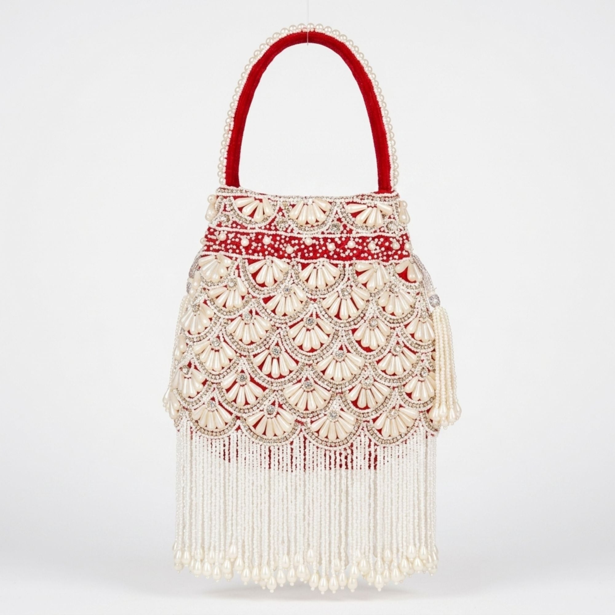 Royal Red Pearl Hand Embroidered Potli Bag with Fringe Tassels