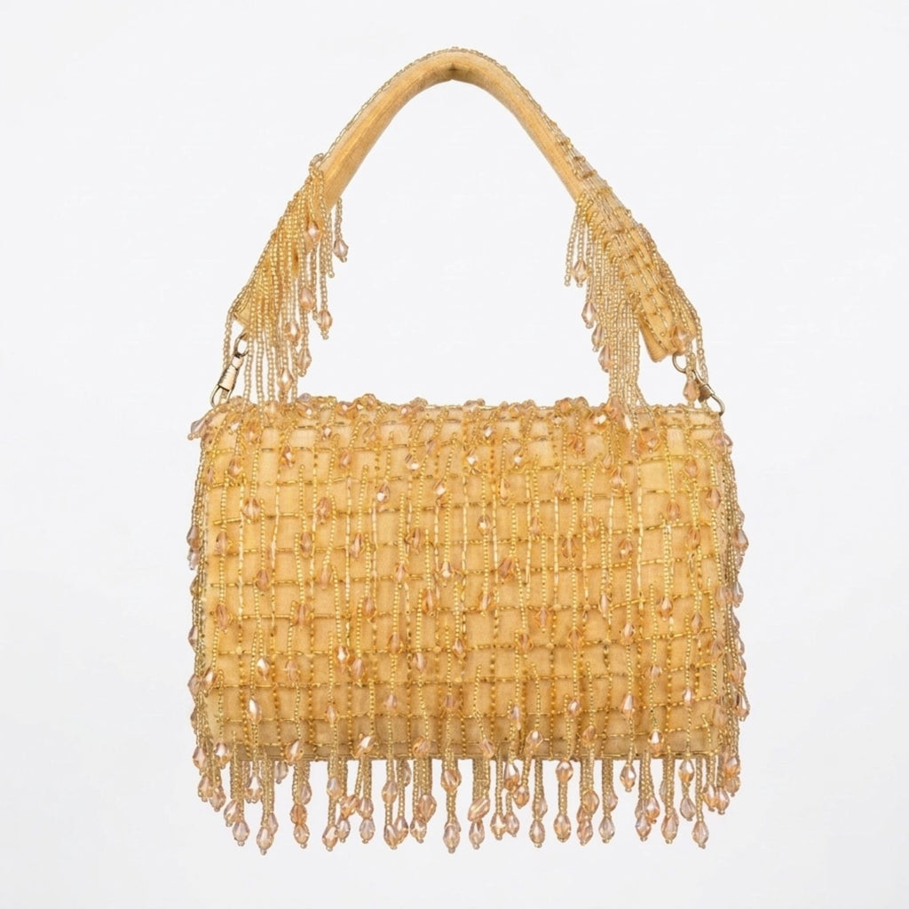 Women’s Golden Velvet Handbag with Beaded Tassel Fringe