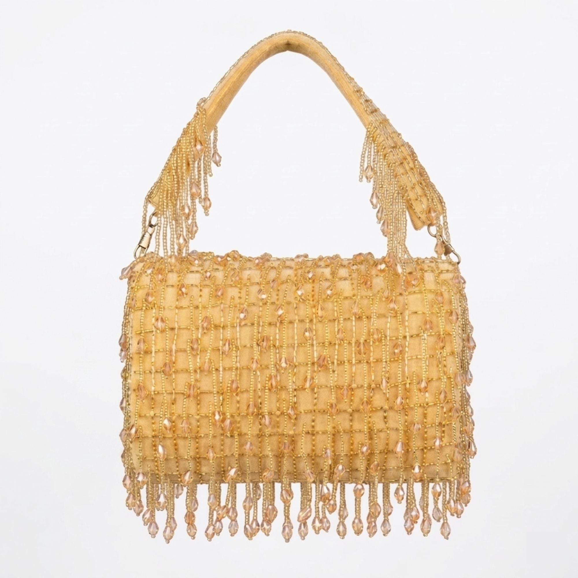Women’s Golden Velvet Handbag with Beaded Tassel Fringe