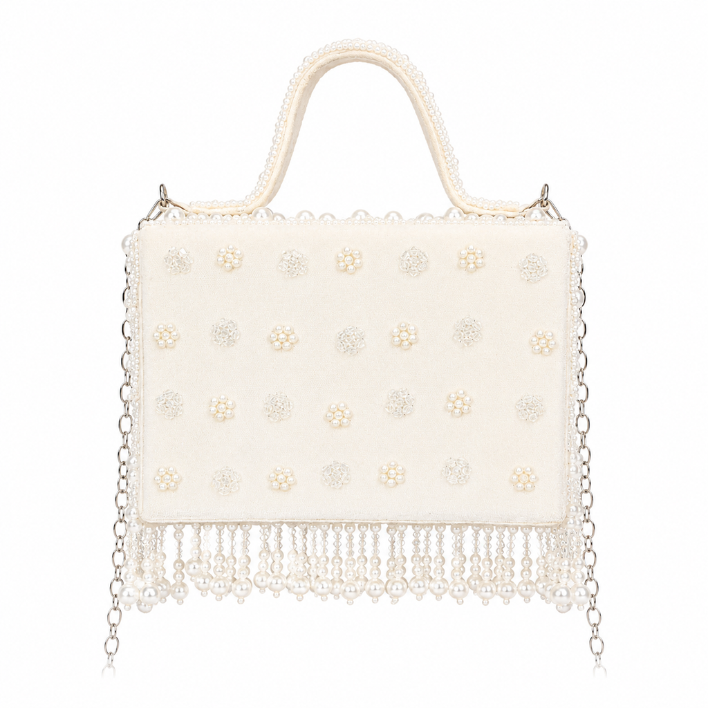 Luxury Pearl Fringe Hand Embroidered Box Clutch Bag
