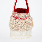 Royal Red Pearl Hand Embroidered Potli Bag with Fringe Tassels