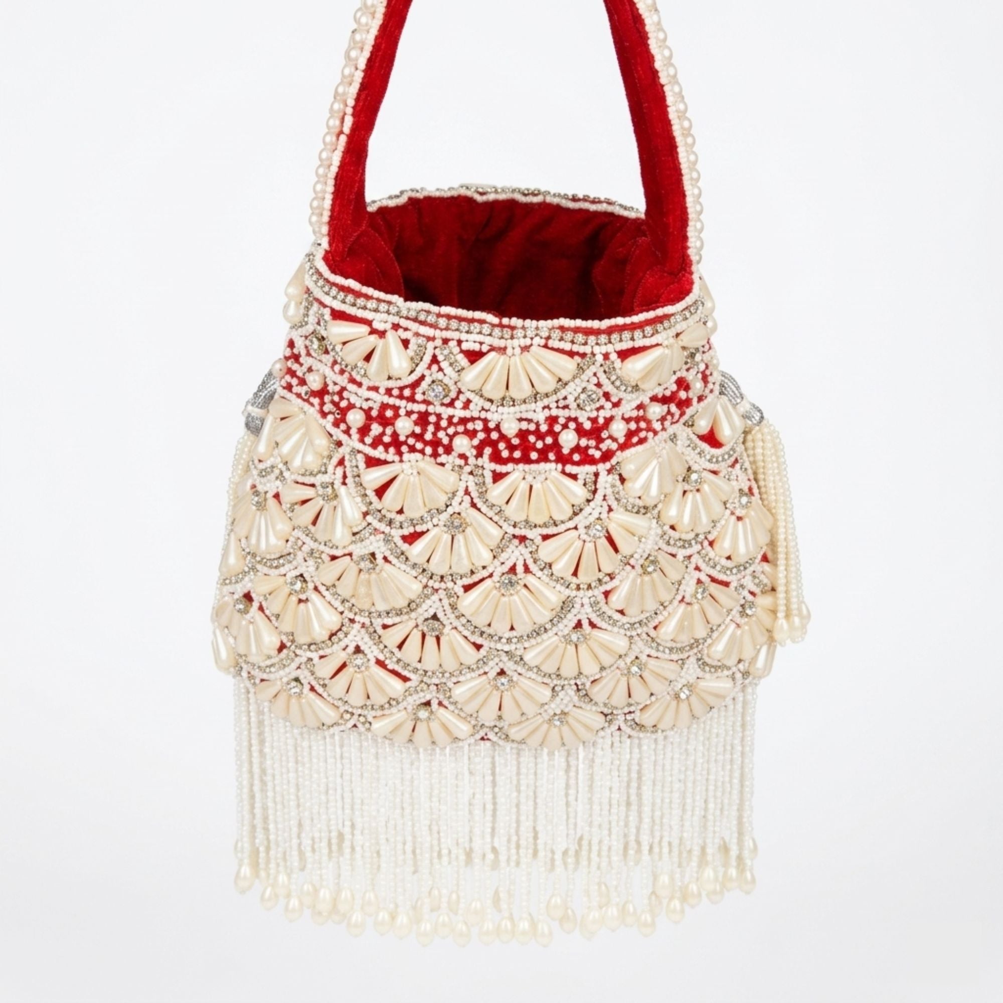 Royal Red Pearl Hand Embroidered Potli Bag with Fringe Tassels