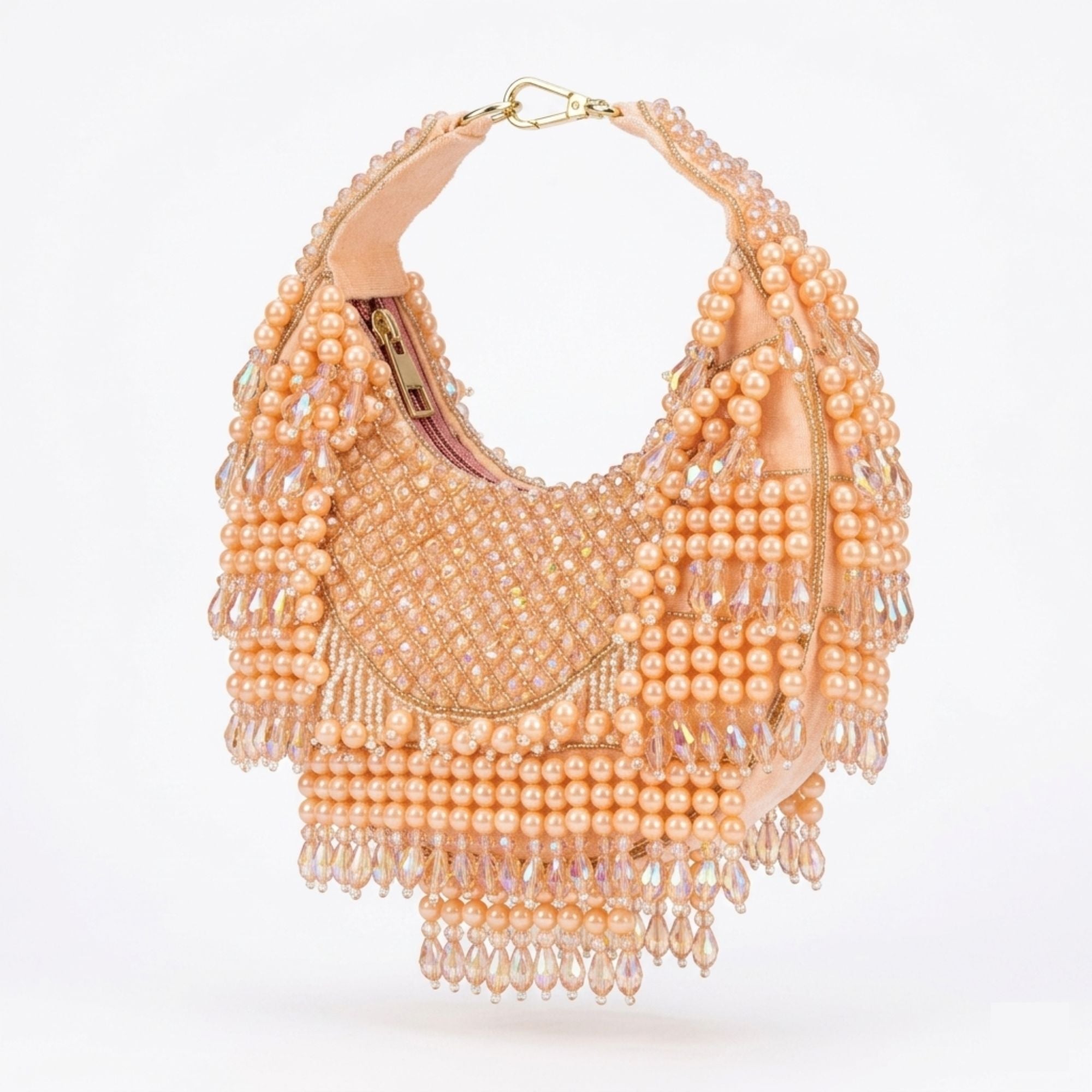 Peach Pearl & Crystal Hand Embroidered Evening Bag