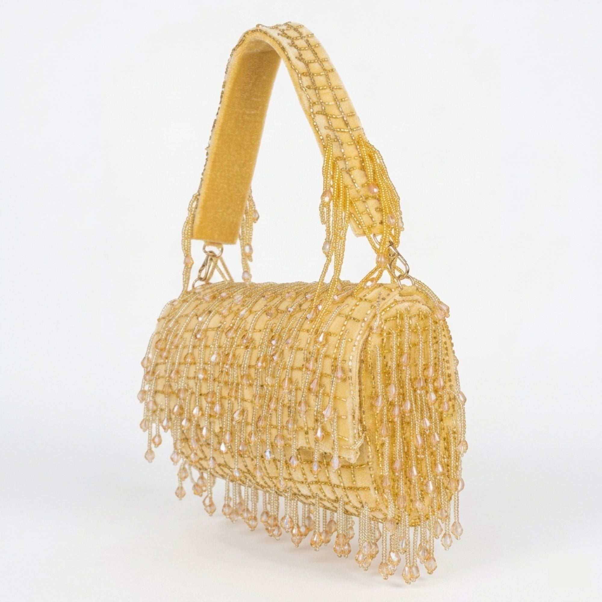 Women’s Golden Velvet Handbag with Beaded Tassel Fringe