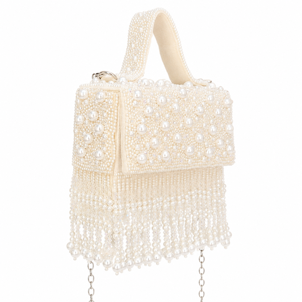 Luxury Pearl Fringe Hand Embroidered Box Clutch Bag