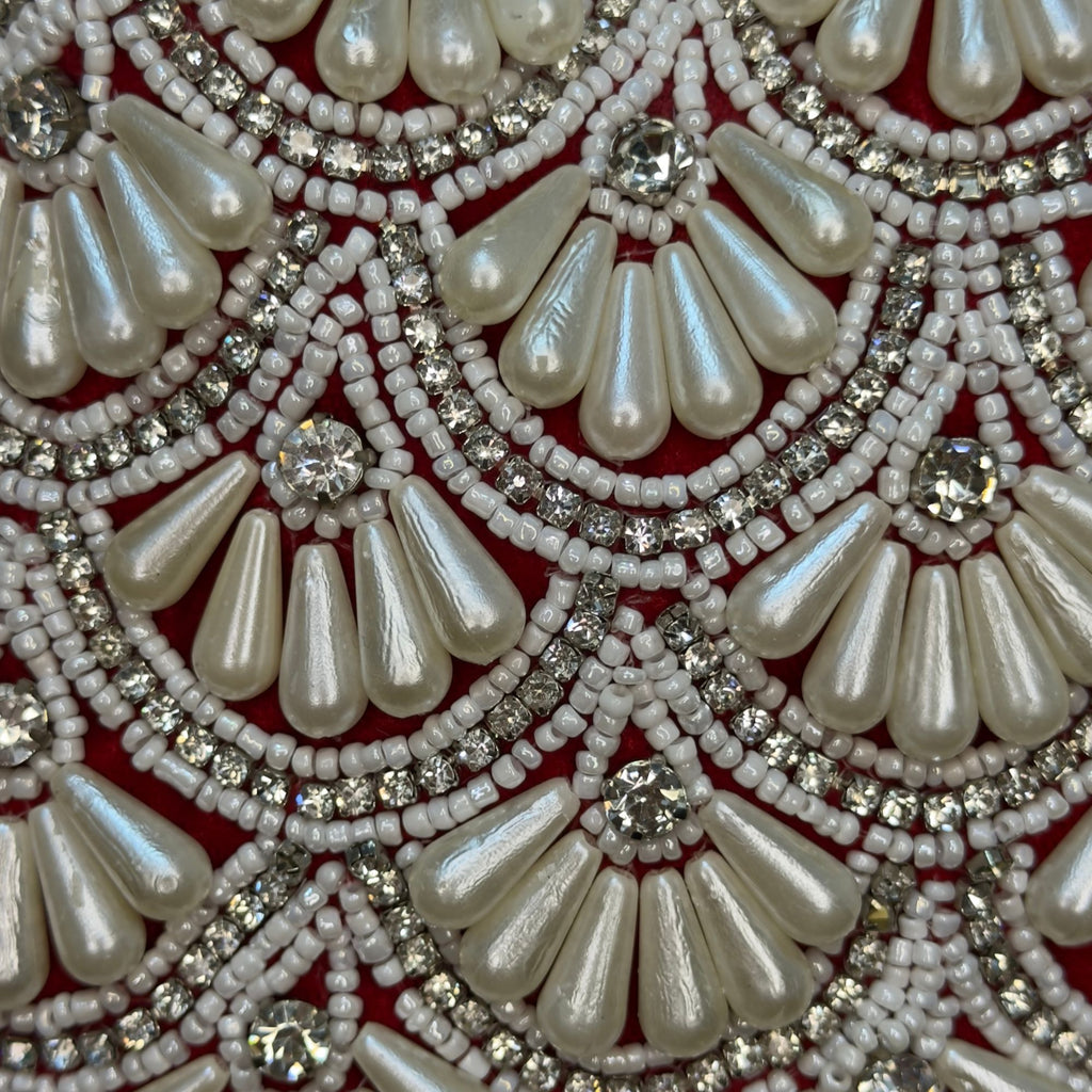 Royal Red Pearl Hand Embroidered Potli Bag with Fringe Tassels