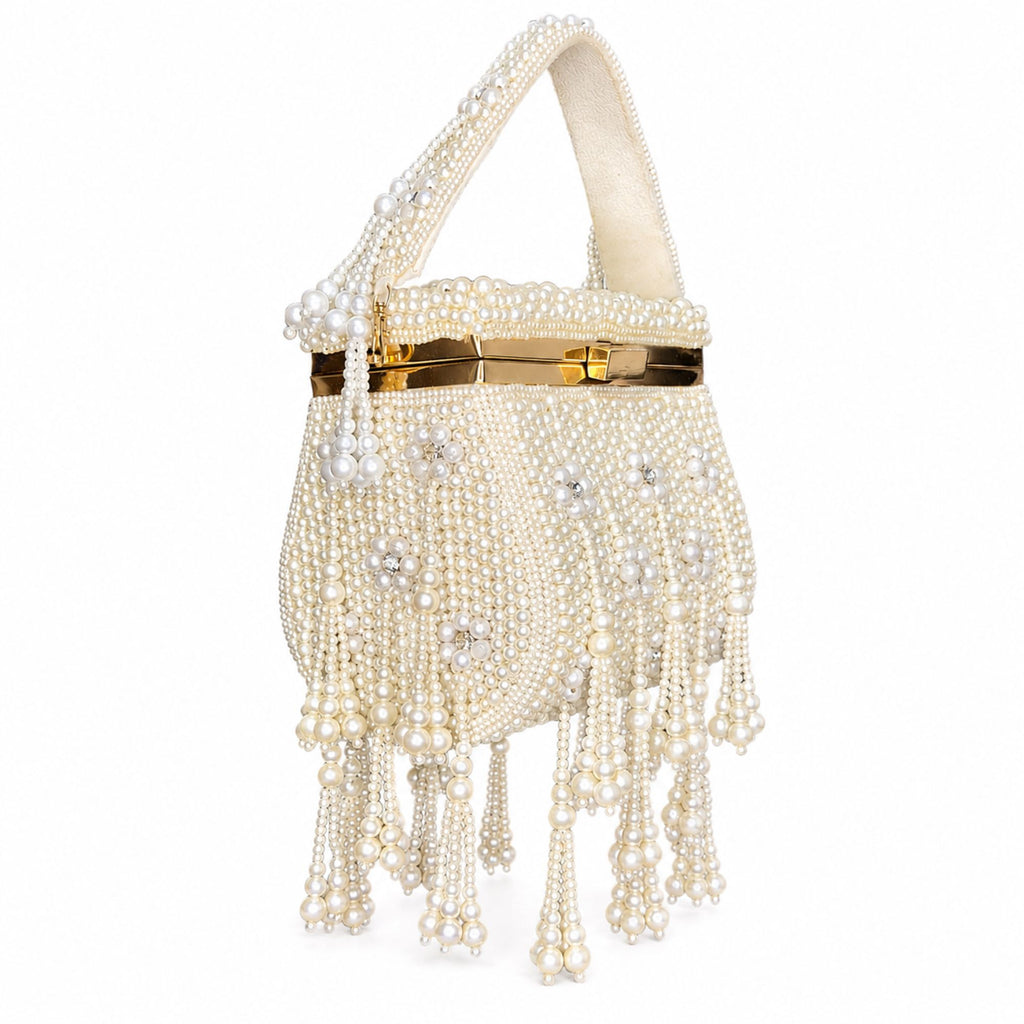 Ivory Pearl Tassel Handcrafted Box Clutch Bag