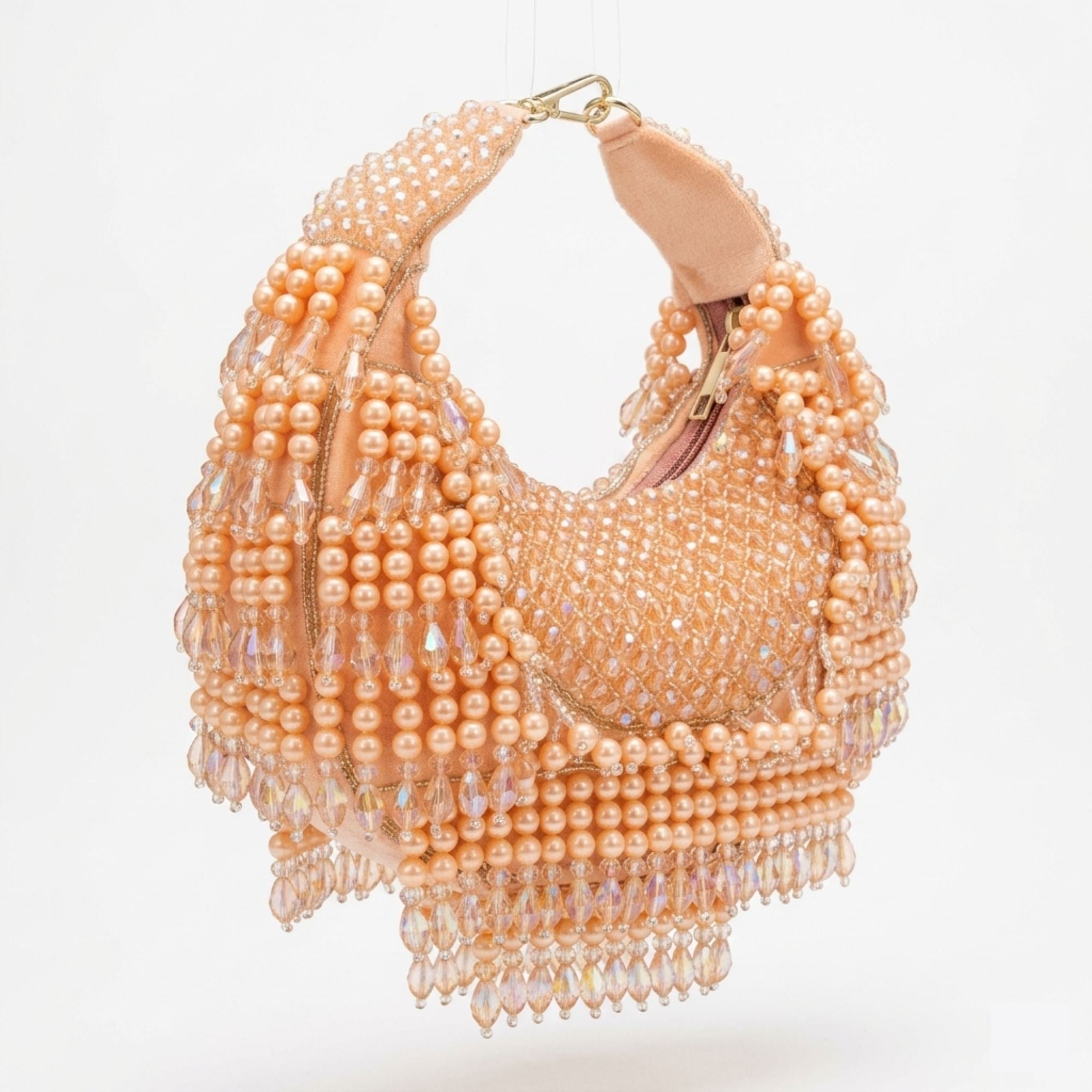 Peach Pearl & Crystal Hand Embroidered Evening Bag