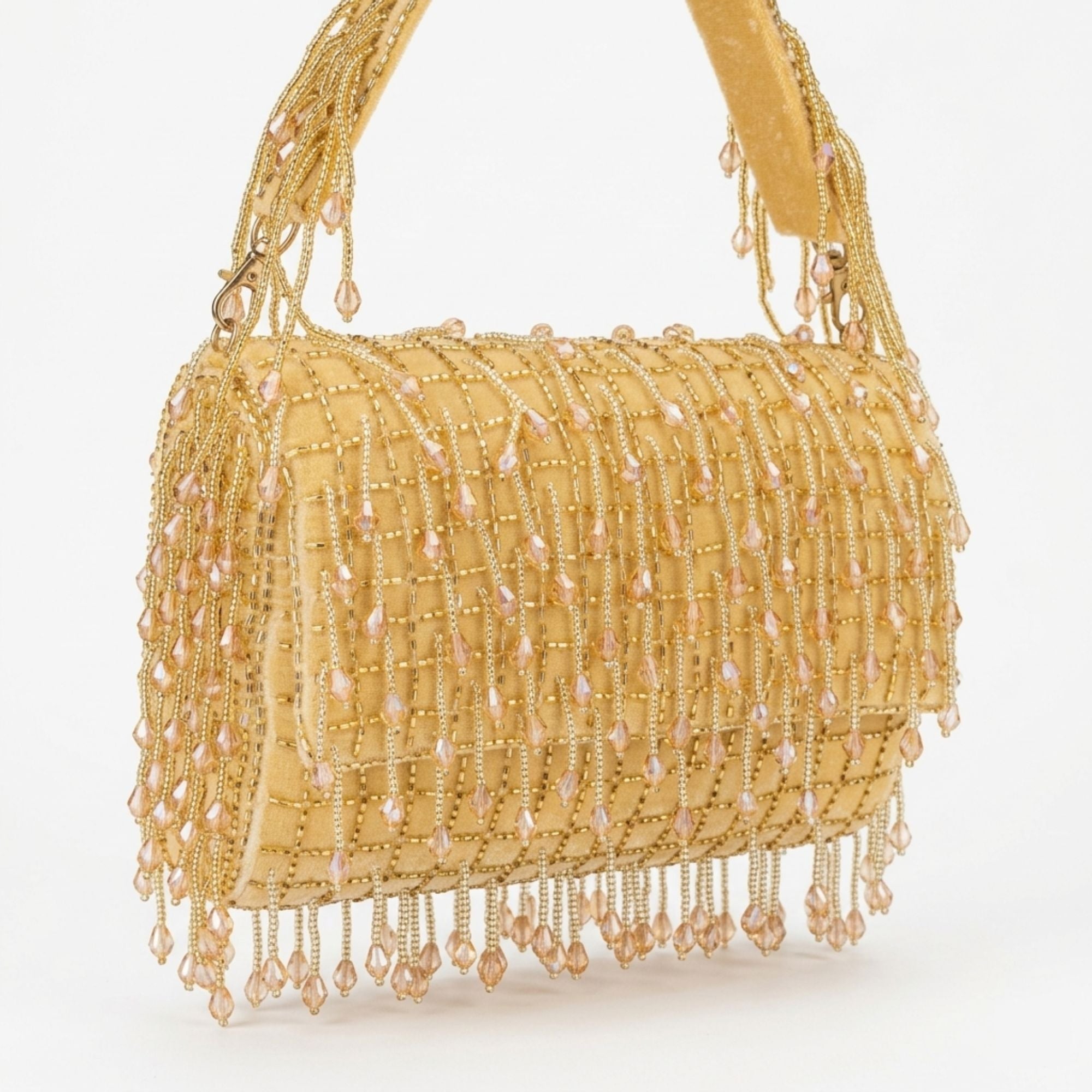Women’s Golden Velvet Handbag with Beaded Tassel Fringe