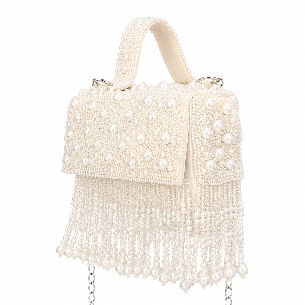 Luxury Pearl Fringe Hand Embroidered Box Clutch Bag