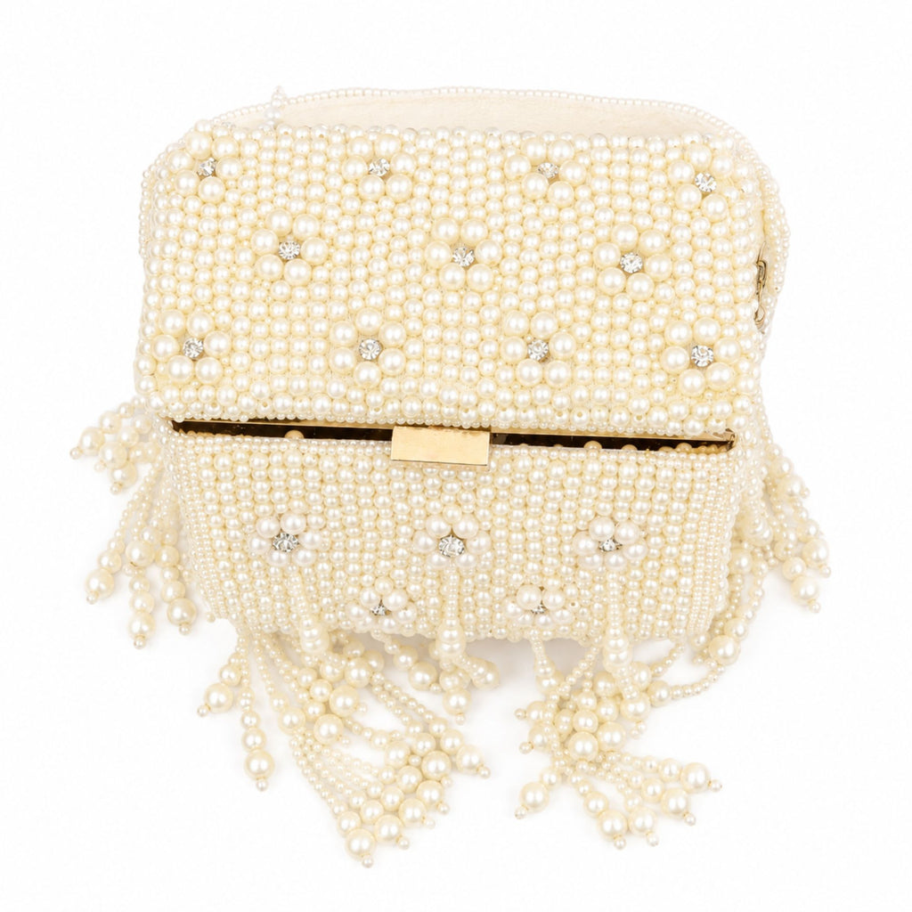 Ivory Pearl Tassel Handcrafted Box Clutch Bag