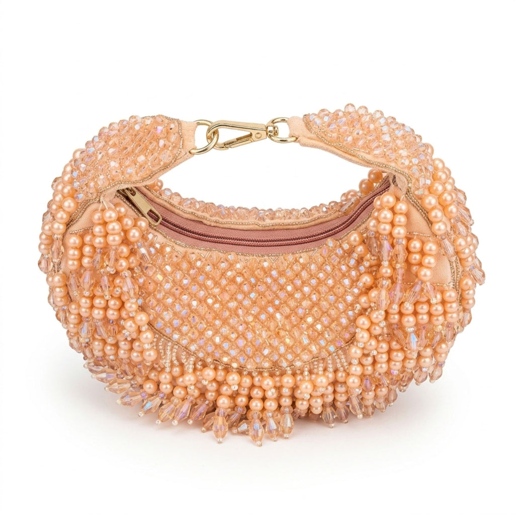 Peach Pearl & Crystal Hand Embroidered Evening Bag