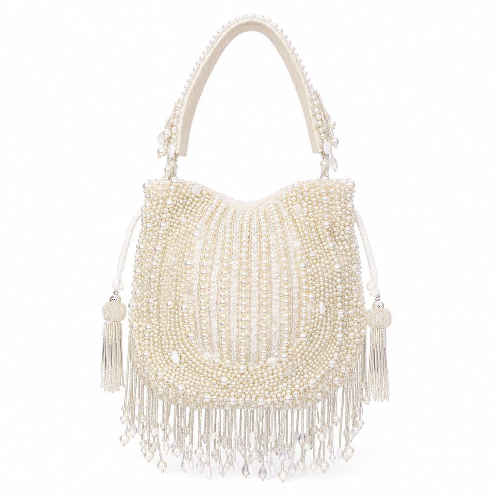 Luxury Ivory Pearl Hand Embroidered Potli Bag with Tassel Fringe
