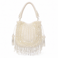Luxury Ivory Pearl Hand Embroidered Potli Bag with Tassel Fringe