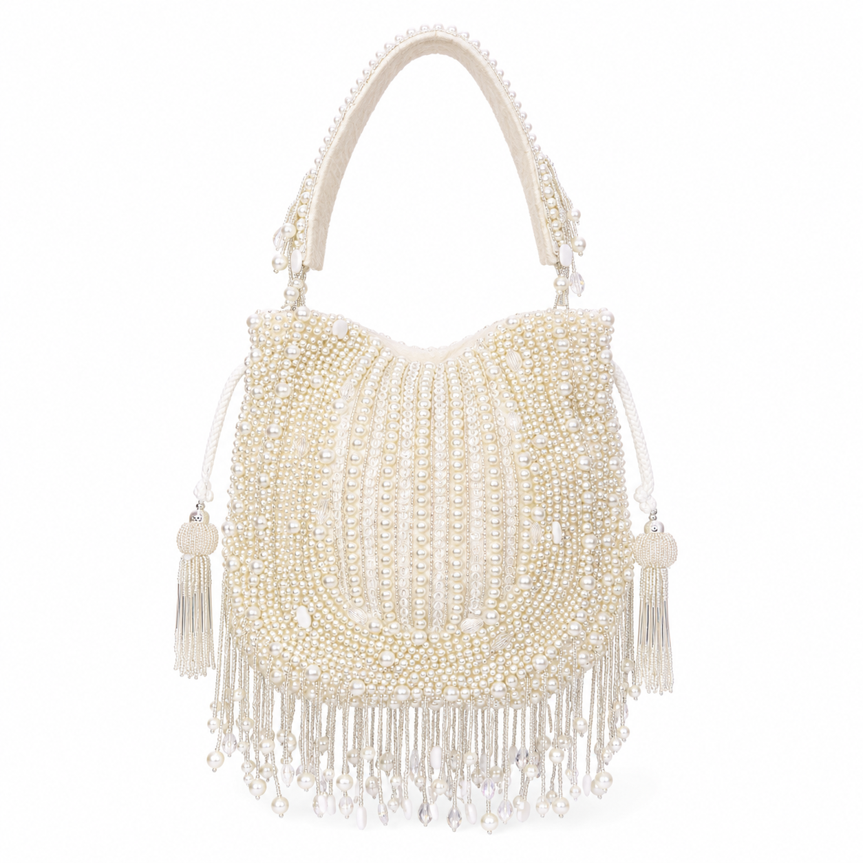 Luxury Ivory Pearl Hand Embroidered Potli Bag with Tassel Fringe