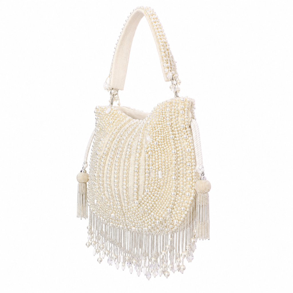 Luxury Ivory Pearl Hand Embroidered Potli Bag with Tassel Fringe