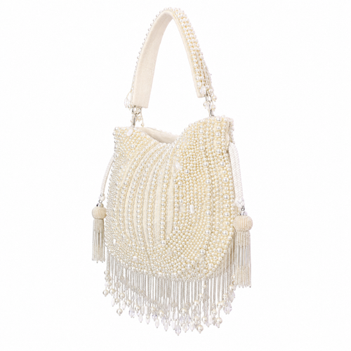 Luxury Ivory Pearl Hand Embroidered Potli Bag with Tassel Fringe