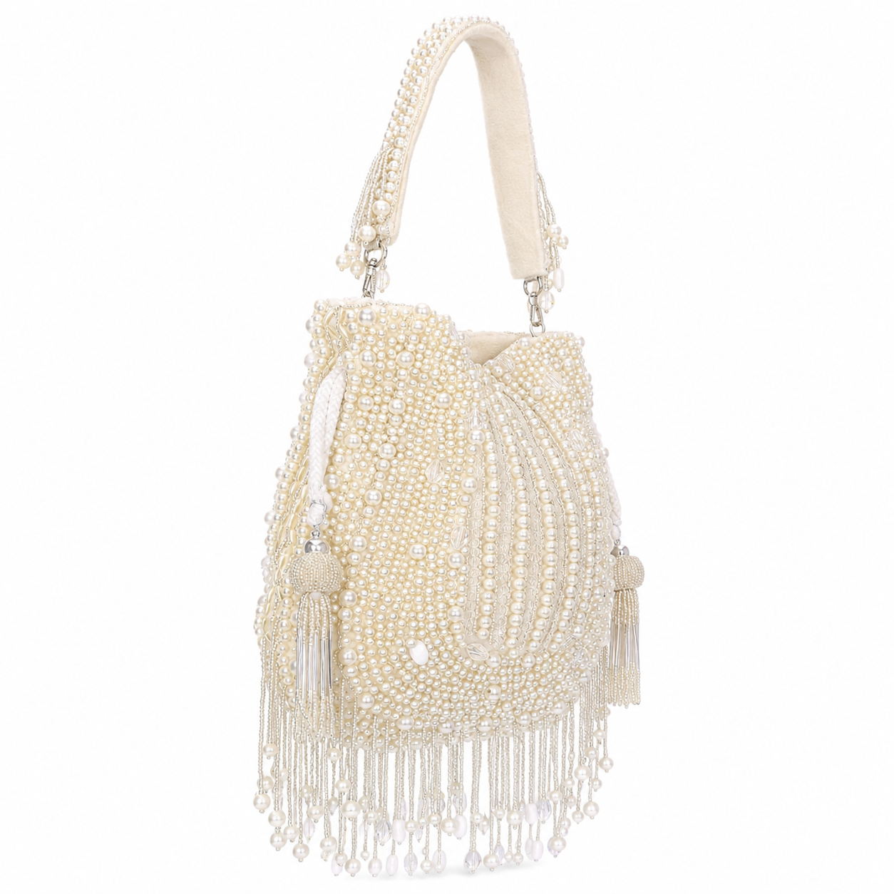 Luxury Ivory Pearl Hand Embroidered Potli Bag with Tassel Fringe