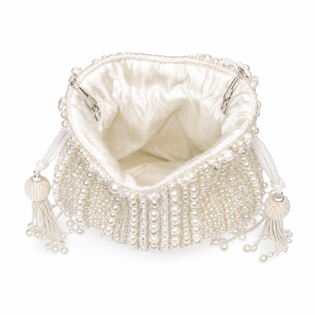 Luxury Ivory Pearl Hand Embroidered Potli Bag with Tassel Fringe