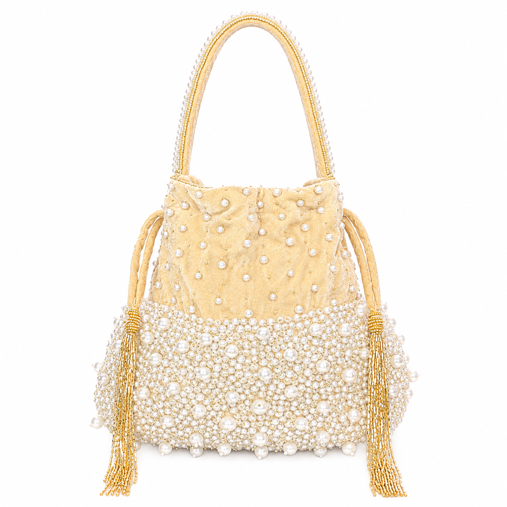 Luxury Pearl Embellished Potli Bag with Beaded Tassels