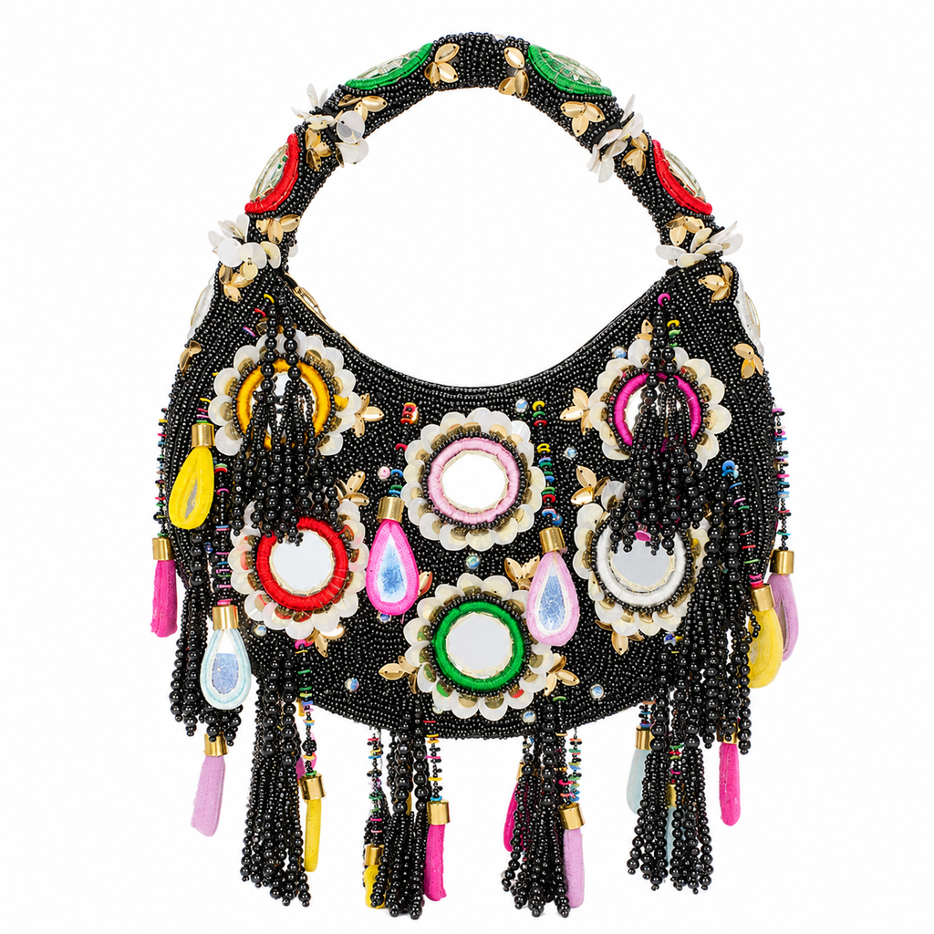 Boho Mirror Work Black Beaded Handmade Hand Bag