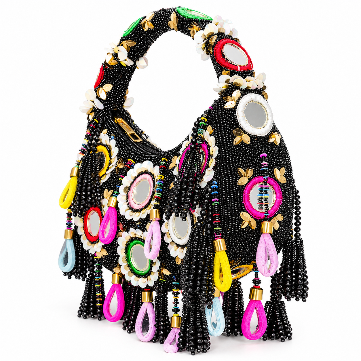 Boho Mirror Work Black Beaded Handmade Hand Bag