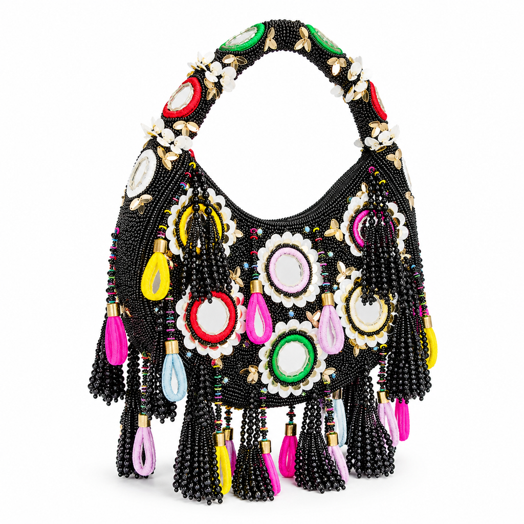 Boho Mirror Work Black Beaded Handmade Hand Bag