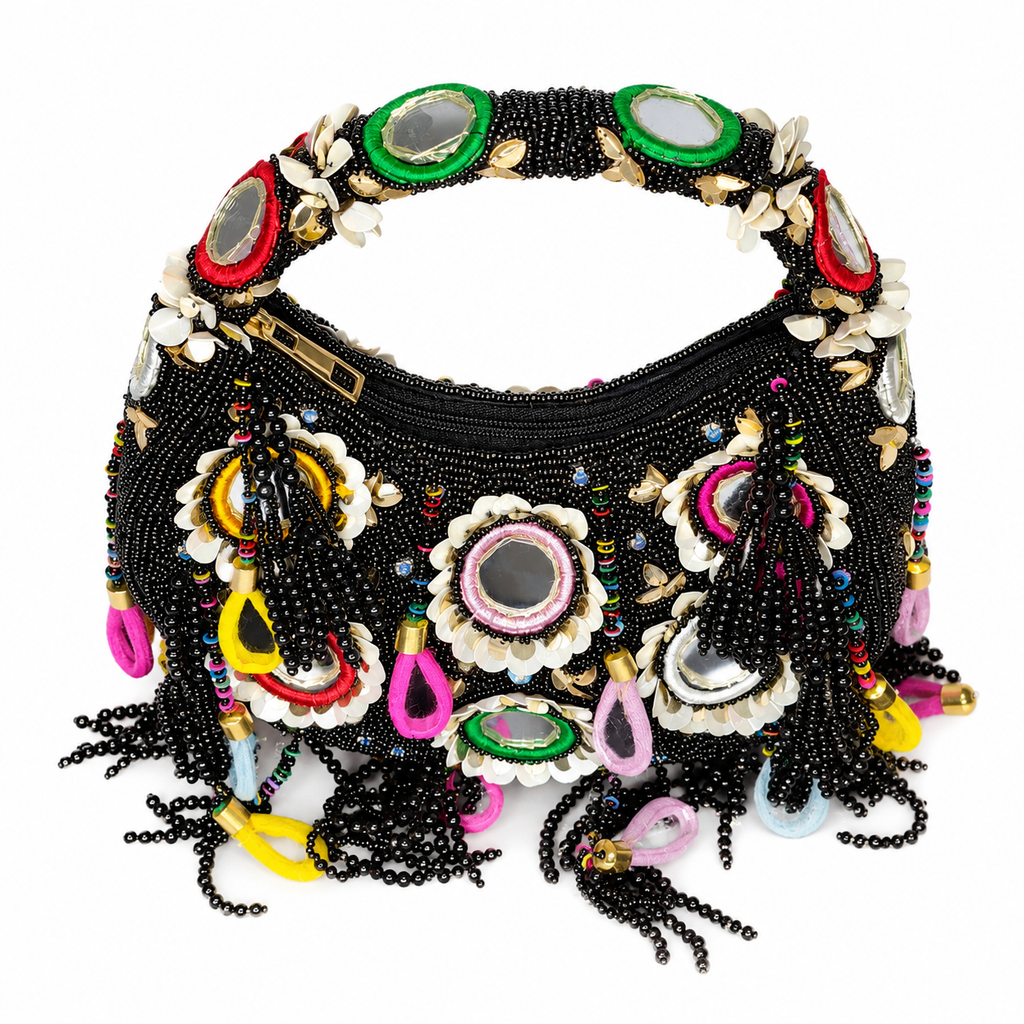 Boho Mirror Work Black Beaded Handmade Hand Bag