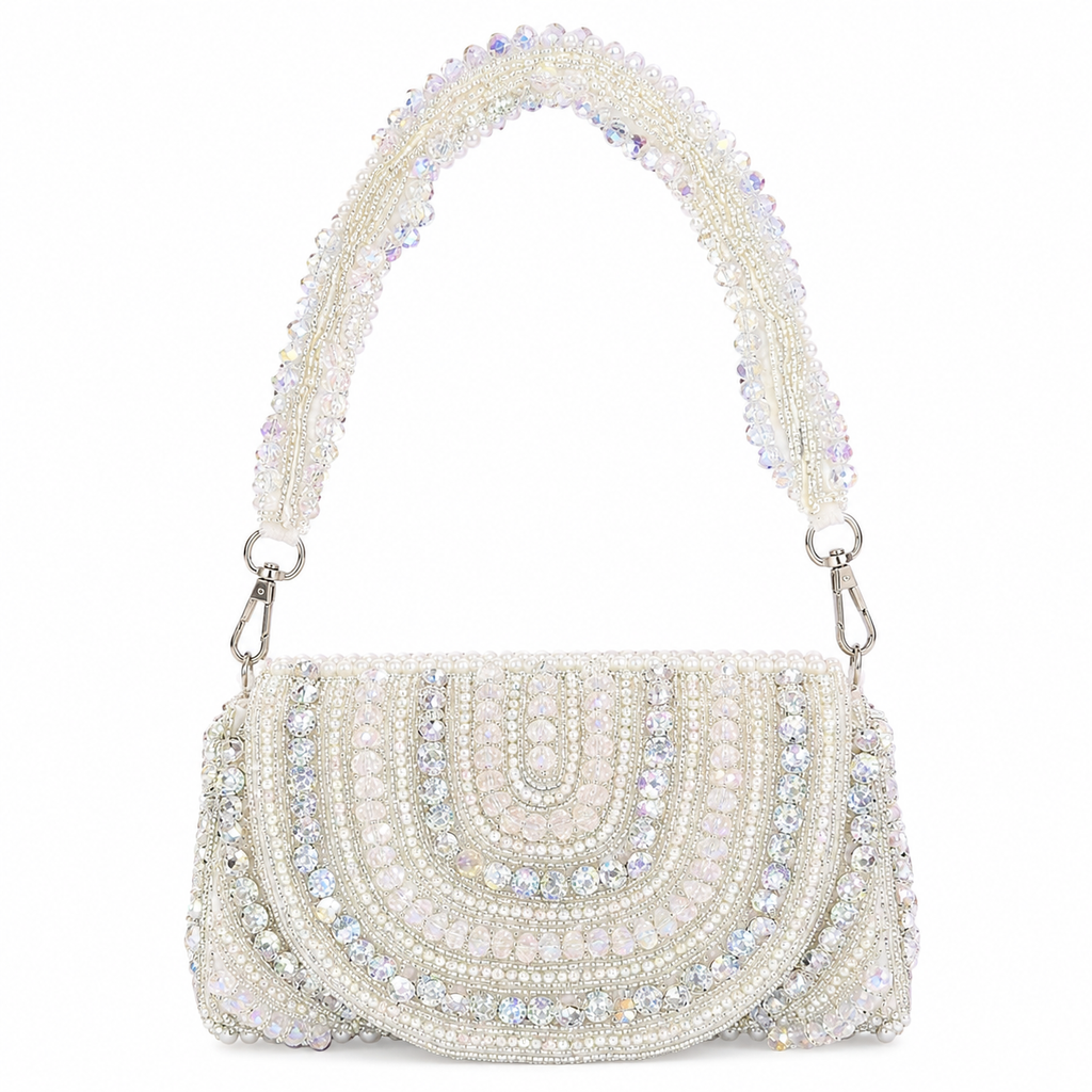 Ivory Crystal Hand Embroidered Bridal Clutch Bag with Pearl Handle