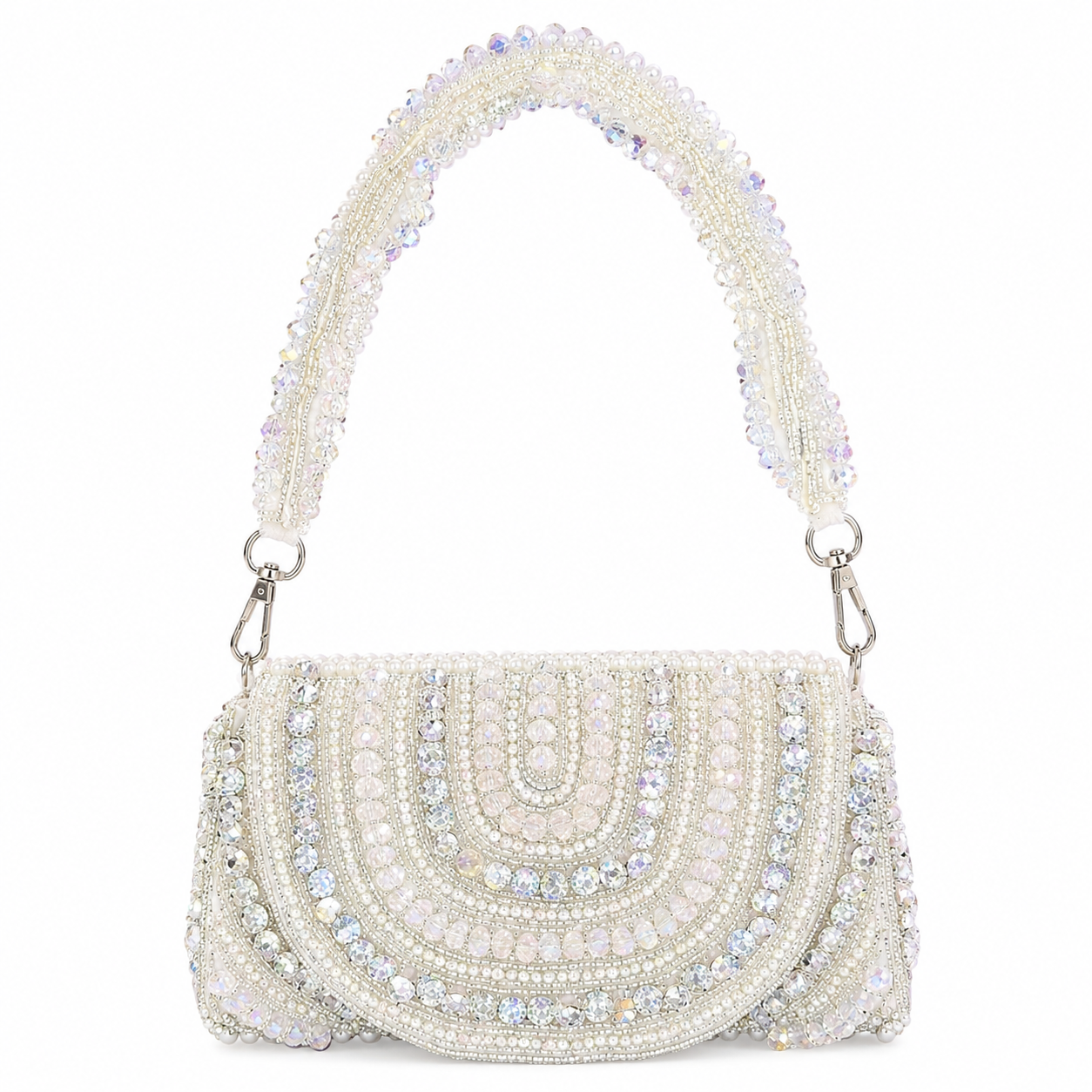 Ivory Crystal Hand Embroidered Bridal Clutch Bag with Pearl Handle