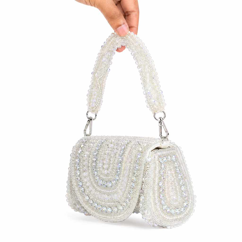 Ivory Crystal Hand Embroidered Bridal Clutch Bag with Pearl Handle