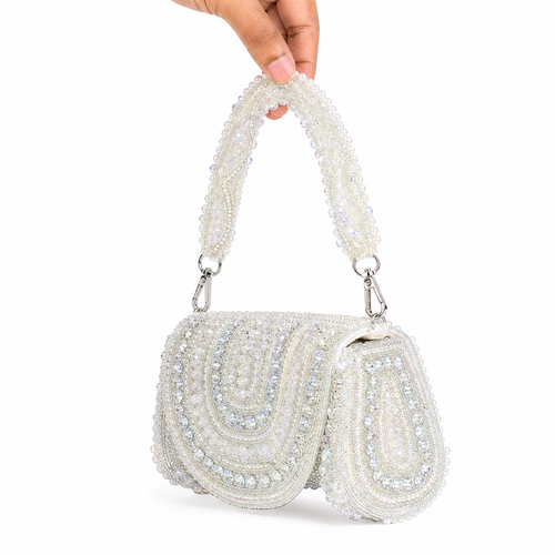 Ivory Crystal Hand Embroidered Bridal Clutch Bag with Pearl Handle