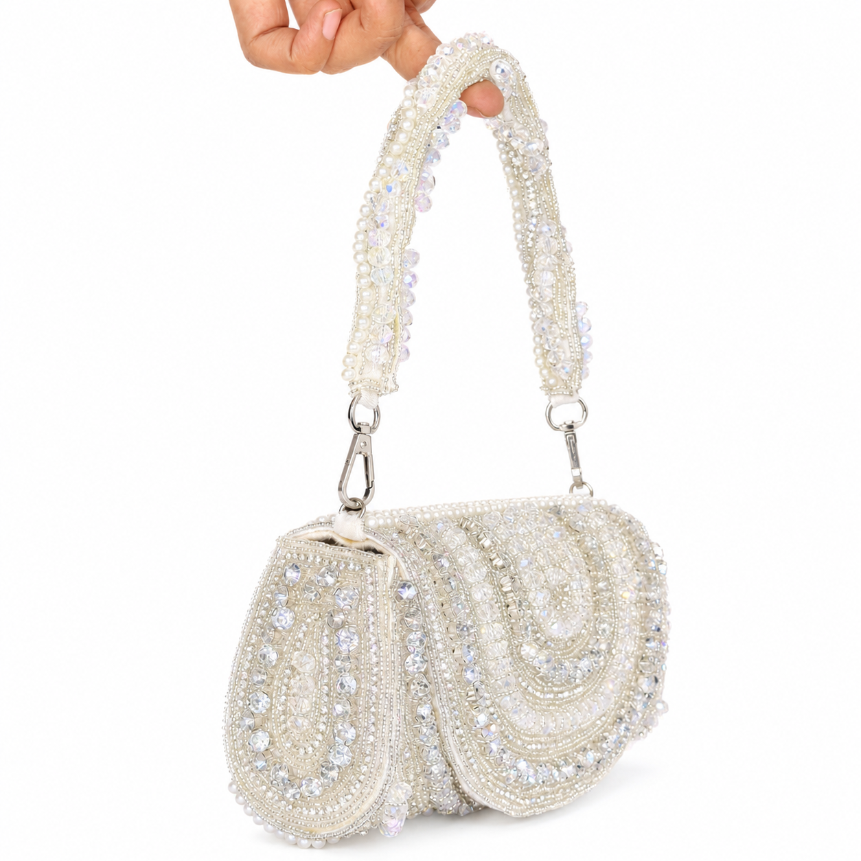 Ivory Crystal Hand Embroidered Bridal Clutch Bag with Pearl Handle